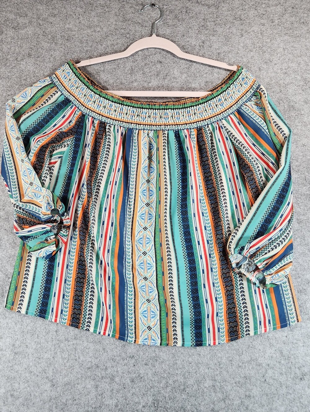 Boho Off-Shoulder Stripe Peasant Top - Green Multi